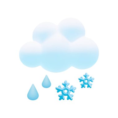 Vektör karikatür 3d dondurucu yağmur hava ikonu. Yağmur damlası, kar tanesi ve soğuk yağmurlu meteoroloji konseptiyle sevimli bir 3D bulut çizimi. Tasarım, oyun, web sitesi, hava durumu uygulaması için kar yağışı illüstrasyonu.