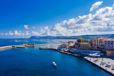  old Venetian harbor of  Chania bay on a sunny morning, Crete island. Greece