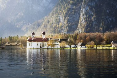 Church St. Bartholomew  on Konigssee  lake. Berchtesgaden, National Park,  Germany.
