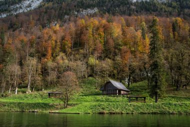 Bavarian Lake Kenigsee and mountain background in autumn. Berchtesgaden National Park, Germany.