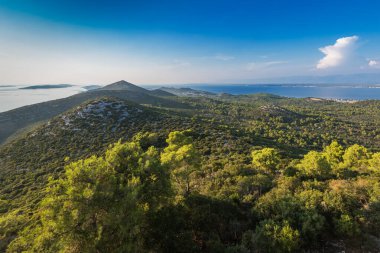 Hırvatistan 'ın Ugljan adasının Preko kentinin üzerindeki tepedeki Aziz Michel kalesinin harabelerinden adalara bak.