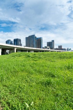 Şangay 'da modern bina geçmişi olan şehir parkı.