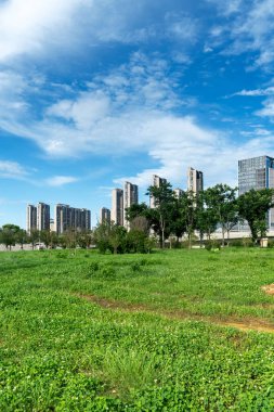 Şangay 'da modern bina geçmişi olan şehir parkı.