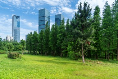 Şangay 'da modern bina geçmişi olan şehir parkı.