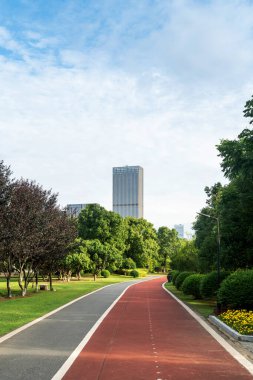 Yeni patika ve güzel ağaçlar parkta koşmak, yürümek ve bisiklete binmek için iz sürüyor. 
