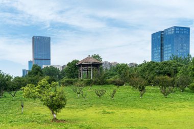 Şangay 'da modern bina geçmişi olan şehir parkı.