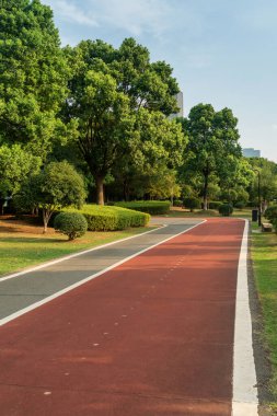 Yeni patika ve güzel ağaçlar parkta koşmak, yürümek ve bisiklete binmek için iz sürüyor. 