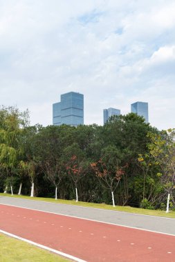 Yeni patika ve güzel ağaçlar parkta koşmak, yürümek ve bisiklete binmek için iz sürüyor. 