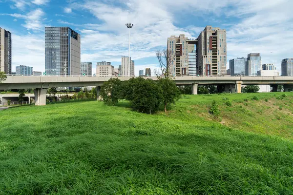 Şangay 'da modern bina geçmişi olan şehir parkı.