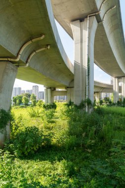 Şehirdeki üst geçidin altında beton yapı ve asfalt yol alanı