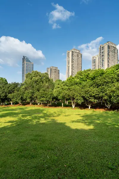 Şangay 'da modern bina geçmişi olan şehir parkı.