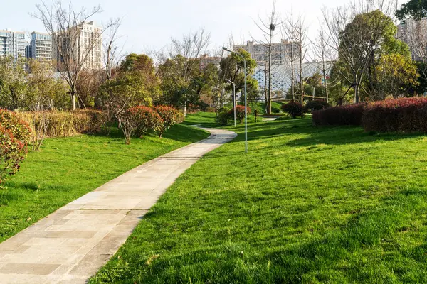 Şangay 'da modern bina geçmişi olan şehir parkı.