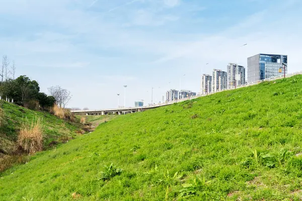 Şangay 'da modern bina geçmişi olan şehir parkı.