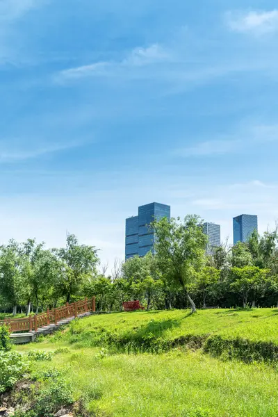 Şangay 'da modern bina geçmişi olan şehir parkı.