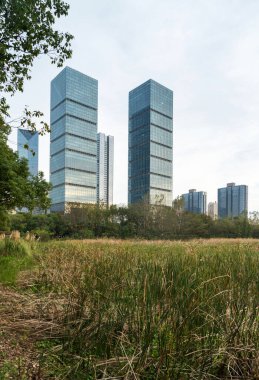 Şangay 'da modern bina geçmişi olan şehir parkı.