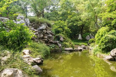 Çin geleneksel taş bahçesi. Yeşil bitkiler ve kayalar