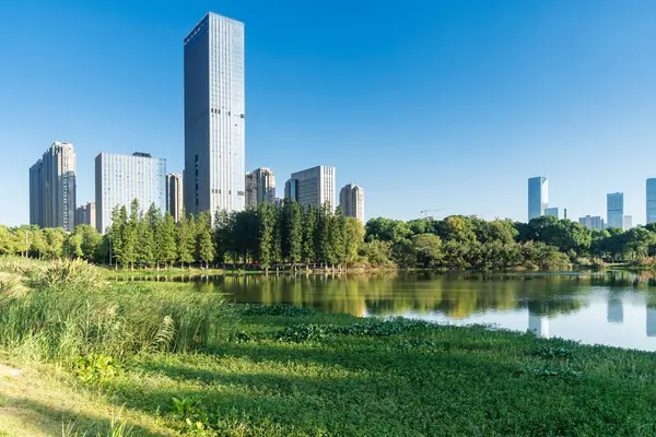 Şangay 'da modern bina geçmişi olan şehir parkı.