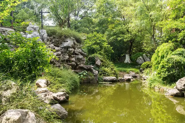 Çin geleneksel taş bahçesi. Yeşil bitkiler ve kayalar
