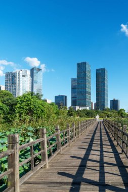 Şangay 'da modern bina geçmişi olan şehir parkı.