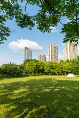 Şangay 'da modern bina geçmişi olan şehir parkı.