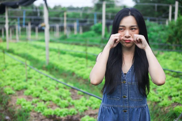 Mulher Agricultor Asiático Chorar Com Tristeza Emoção Estufa Jardim Viveiro — Fotografia de Stock