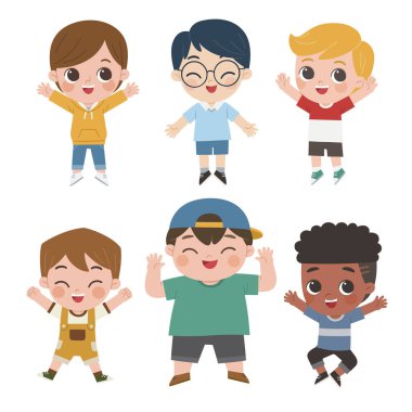 Farklı pozitif duyguları olan mutlu çocuklar. Çocuklar selamlaşmak için zıplıyorlar ve ellerini sallıyorlar..