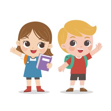 Çocuklar selamlaşmak için ellerini sallıyor. Birlikte duran mutlu öğrenci. Okula geri dön..