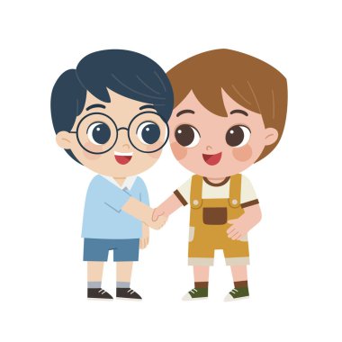 Mutlu Çocuklar ayakta ve el sıkışıyor. Mutlu çocuklar en iyi arkadaşlar.