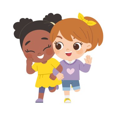 Çocuklar atlıyor ve el ele tutuşuyor. Mutlu çocuklar en iyi arkadaşlar.