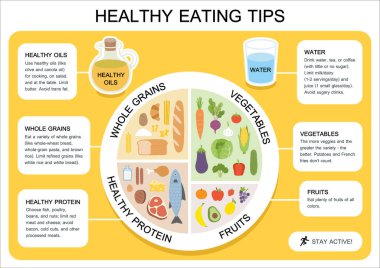 Sağlıklı beslenme tavsiyeleri. Doğru beslenme oranlarıyla besin dengesinin bilgi tablosu. Yemeğini planla. Sağlıklı dengeli gıda ve diyet konsepti.