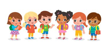 Bir grup ilkokul çocuğu sınıfta dikilip birbirleriyle konuşuyorlar. Birbirleriyle iletişim kuran sevimli çocuklar. Mutlu oğlanlar ve kızlar buluşur ve okulda arkadaş olurlar..