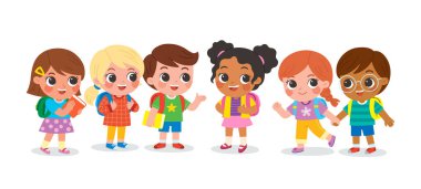 Bir grup ilkokul çocuğu sınıfta dikilip birbirleriyle konuşuyorlar. Birbirleriyle iletişim kuran sevimli çocuklar. Mutlu oğlanlar ve kızlar buluşur ve okulda arkadaş olurlar..