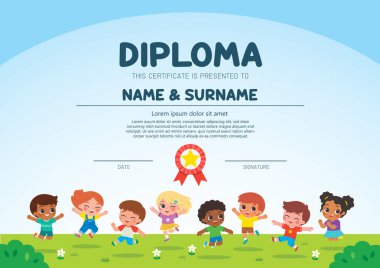 Bir grup mutlu kız ve erkek parkta ayakta durup zıplıyorlar. Çocuk aktiviteleri. Sertifika Çocuk Diploması Şablonu.