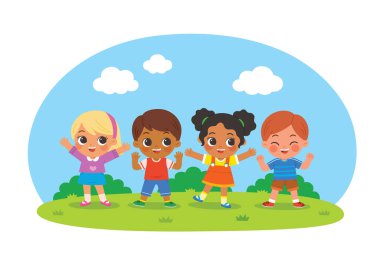 Bir grup mutlu erkek ve kız ayakta ve zıplıyor. Anaokulu koleksiyonunu geri ver. Farklı zıplama pozları veren çocuklar. Çocuk aktiviteleri. 