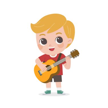 Gitar çalmak ve mutlu bir şekilde şarkı neşeli bir çocuk.