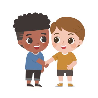 Mutlu Çocuklar ayakta ve el sıkışıyor. Mutlu çocuklar en iyi arkadaşlar.