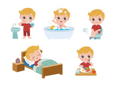 Beyaz arka plandaki tatlı bir çocuğun günlük rutini. Uyu, dişlerini fırçala, banyo yap, tuvalete otur ve kahvaltı et.)