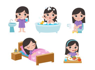 Beyaz arka plandaki tatlı bir kızın günlük rutini. Uyu, dişlerini fırçala, banyo yap, tuvalete otur ve kahvaltı et.)