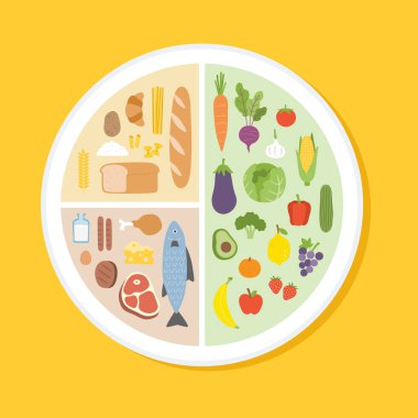 Sağlıklı beslenme tavsiyeleri. Doğru beslenme oranlarıyla besin dengesinin bilgi tablosu. Yemeğini planla. Sağlıklı dengeli gıda ve diyet konsepti.