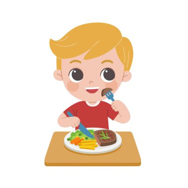 Çocuk lezzetli yemekler yiyor. Mutlu çocuk lezzetli biftek yiyor..