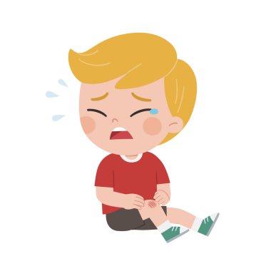 Yaralı bir dizini kan damlalarıyla kaşıyan bir çocuk. Çocuk dizini kırmış. Dizimde kanama var. Dizi yaralı bir çocuk ağlıyor.. 