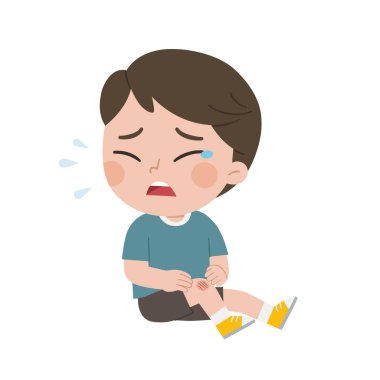 Yaralı bir dizini kan damlalarıyla kaşıyan bir çocuk. Çocuk dizini kırmış. Dizimde kanama var. Dizi yaralı bir çocuk ağlıyor.. 
