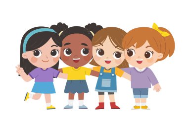 Gülümseyen çocuklar bir arada durur ve sarılırlar..