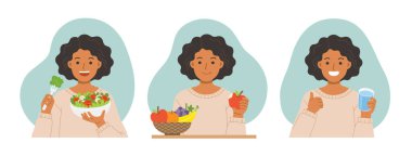 Salata yiyen, taze meyve yiyen ve camdan su içen bir kadın. Faydalı sağlıklı yiyecekler. Sağlıklı ve vejetaryen gıda konsepti.