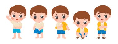 Küçük tatlı çocuk sabah rutininde mutlu bir gülümsemeyle adım adım giyiniyor. Çocuk adım adım giyinmeyi öğreniyor, bağımsızlığı ve kendine bakabilmeyi teşvik ediyor..