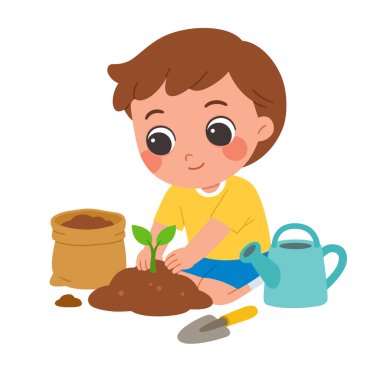 Topraklı, sulama tenekeli ve malalı küçük bir ağaç diken sevimli çocuk. Çocuklara doğa, büyüme ve çevre bakımını öğreten eğitim amaçlı bahçe faaliyetleri.