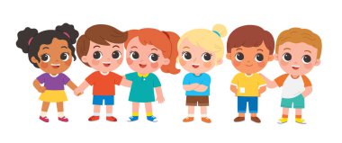 Sıraya dizilmiş, el ele tutuşmuş ve içten bir şekilde gülümseyen farklı geçmişlere sahip şirin çizgi film çocukları. Arkadaşlığı, birliği ve çocukluk mutluluğunu temsil eden neşeli bir sahne..