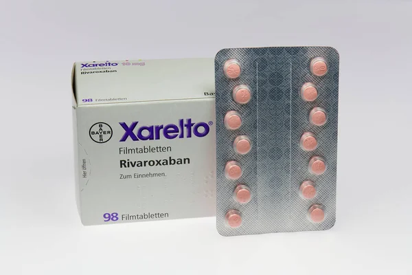 Package Xarelto Tablets Medicine Prophylaxis Agent Rivaroxaban Thrombosis Bayer Company — Stock Photo, Image
