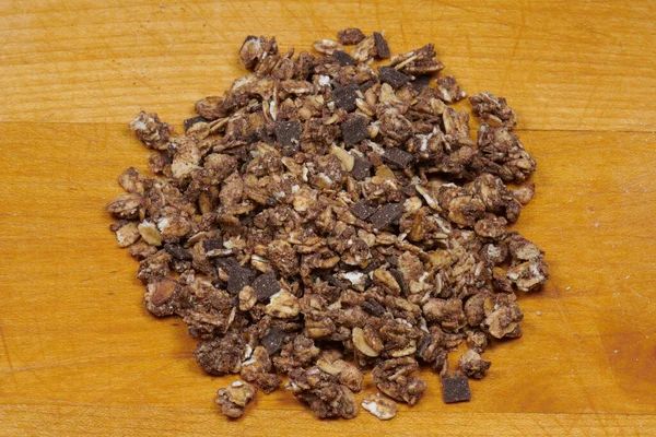 Chocolate Muesli Granola Wheat Seeds Chocolate Plats Wood — Stock Photo, Image