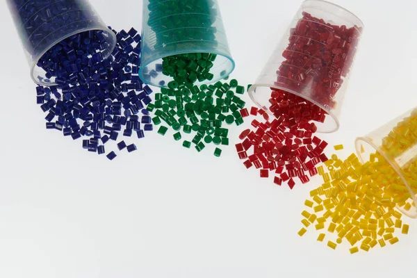 Several Colored Plastic Granulate Resins Glasses Laboratory — Stock Photo, Image